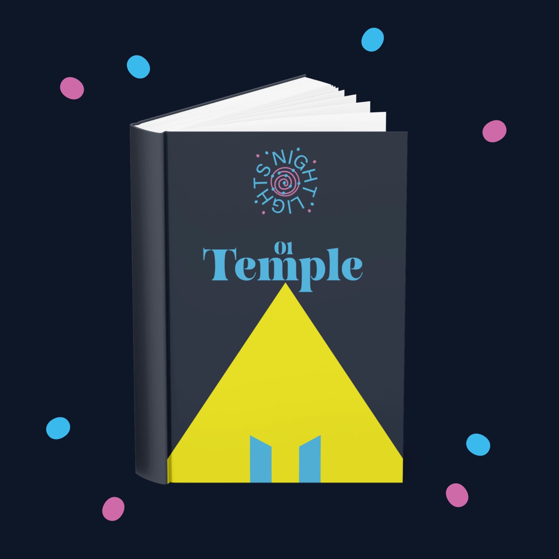 A hardcover book mockup with a dark navy cover, the Night Lights spiral logo at top, the title "01 Temple" in blue, and a large yellow A-frame temple graphic with a glowing doorway.
